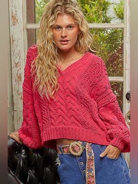 POL Cable-Knit Solid V-Neck Cropped Sweater